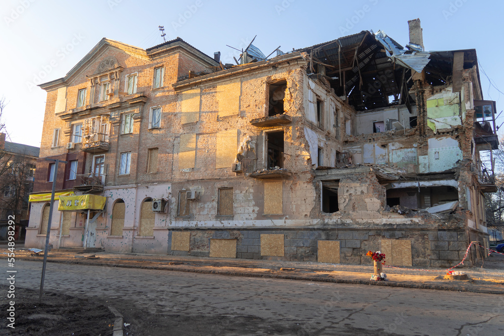 Residential building destroyed by rocket attack. War in Ukraine
