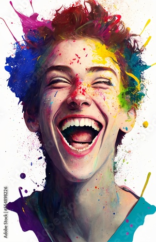 Gender fluid person with rainbow paint and happy smiling expression. Generative AI, this image is not based on any original image, character or person. photo