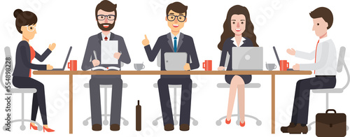 Group of working people, businessmen and businesswomen meeting in conference room, business team brainstorming together in office.