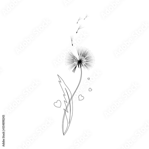 Dandelion blowing line art with hearts  