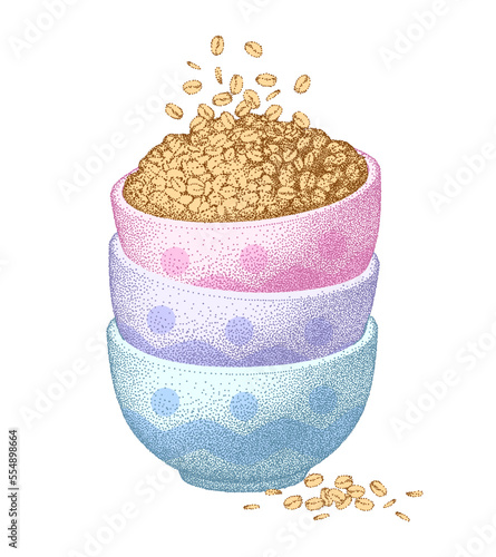 Granola in bowls. Oatmeal healthy breakfast, oat grain porridge. Cereal food, muesli flakes. Vector sketch. Realistic illustrations.