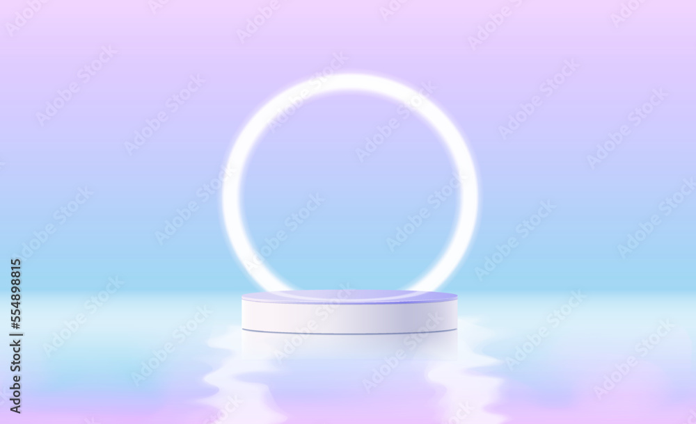 Realistic purple and white 3D cylinder pedestal podium with glowing neon circle lamp background. A .Minimal scene for products stage showcase, and promotion display. Vector geometric platform. Realistic purple and white 3D cylinder pedestal podium with glowing neon circle lamp background. A .Minimal scene for products stage showcase, and promotion display. Vector geometric platform.