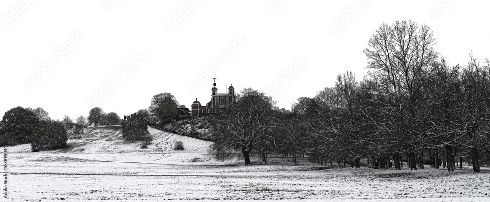 Observatory Greenwich London in Great Britain in Winter covered by snow