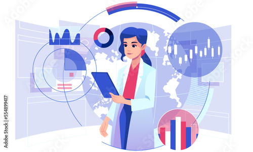 Woman scientist controlling futuristic hologram interface vector concept illustration