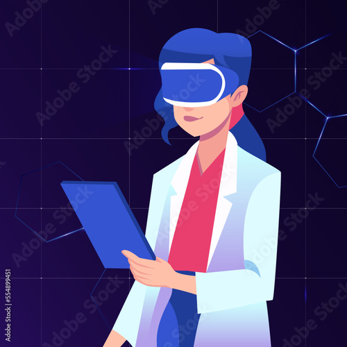 Woman scientist experiencing virtual reality using headset. Metaverse digital cyber world technology vector  illustration