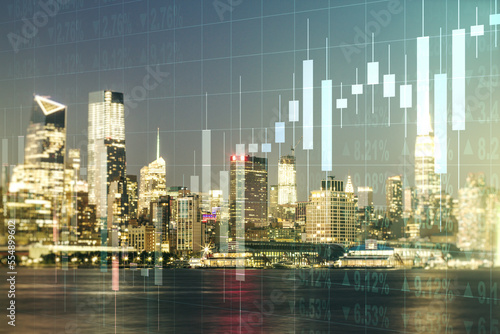 Multi exposure of abstract virtual financial graph hologram on New York skyline background, forex and investment concept © Pixels Hunter