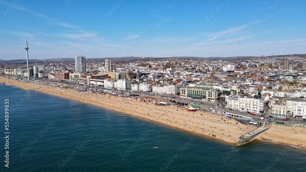 Brighton beach UK Aerial view Summer drone aerial view ..