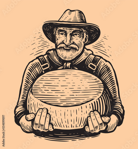 Farmer with holding cheese round. Dairy natural organic food. Milk farm concept. Vintage sketch vector illustration