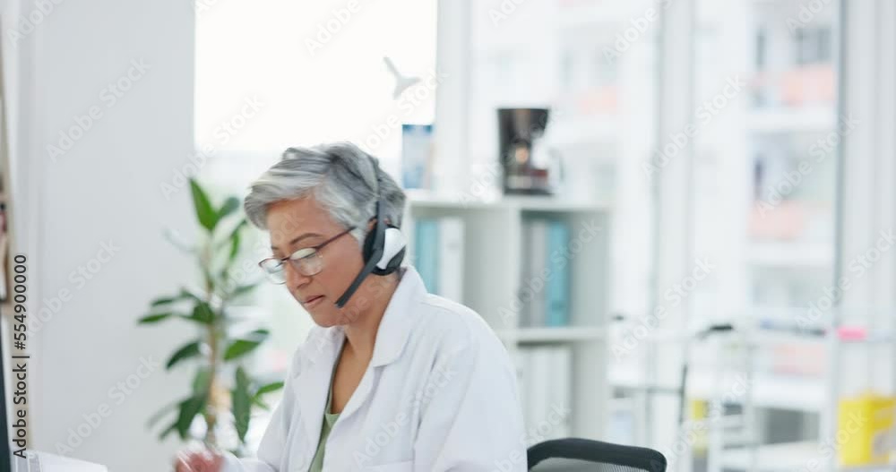 Writing, video call or senior doctor consulting a client helping with cardiology medical results at office desk. Telehealth, digital or healthcare worker listening to a patient in a virtual meeting Writing, video call or senior doctor consulting a client helping with cardiology medical results at office desk. Telehealth, digital or healthcare worker listening to a patient in a virtual meeting