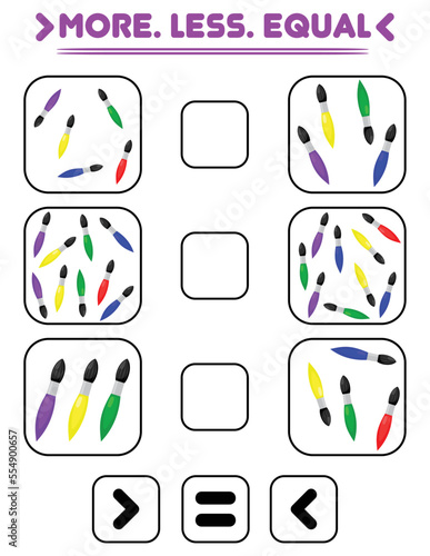 Compare the number of brushes. Write the sign more , less, equal. Teaching children. Education for kindergarten.