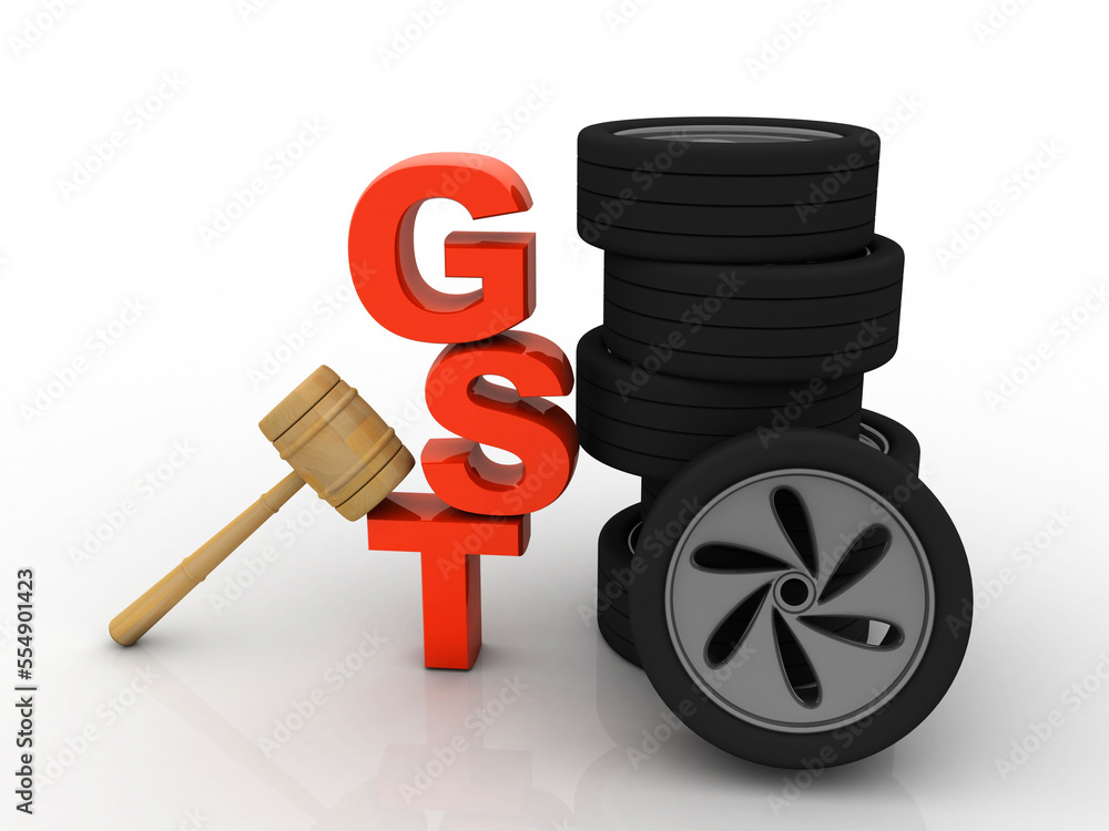 3d rendering Car wheel with GST and hammer 3d rendering Car wheel with GST and hammer