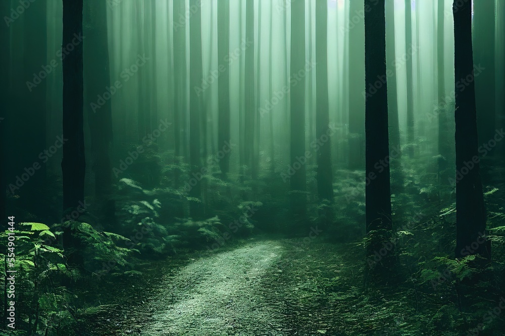 Obraz premium Smokey lane in the forest, blue and grey colors. Dark scary path. Misty fog with sunbeams breaking through. AI generated art.