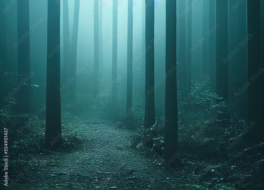 Fototapeta premium Smokey lane in the forest, blue and grey colors. Dark scary path. Misty fog with sunbeams breaking through. AI generated art.
