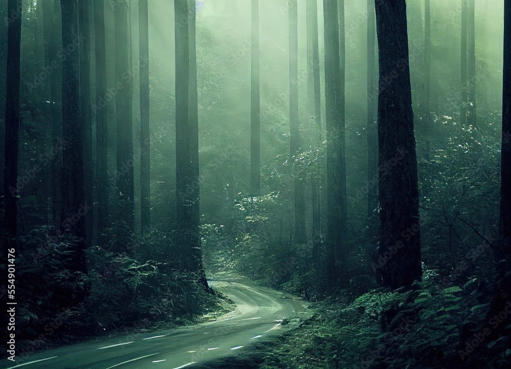 Fototapeta premium Smokey lane in the forest, blue and grey colors. Dark scary path. Misty fog with sunbeams breaking through. AI generated art.