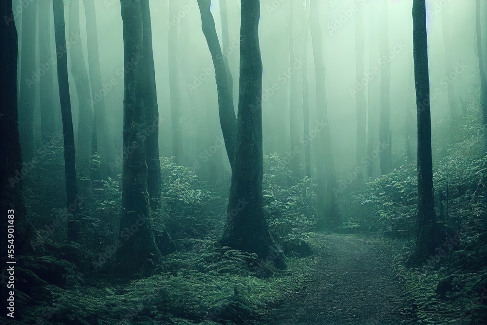 Fototapeta premium Smokey lane in the forest, blue and grey colors. Dark scary path. Misty fog with sunbeams breaking through. AI generated art.
