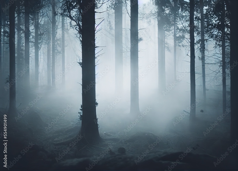 Smokey lane in the forest, blue and grey colors. Dark scary path. Misty fog with sunbeams breaking through. AI generated art.
