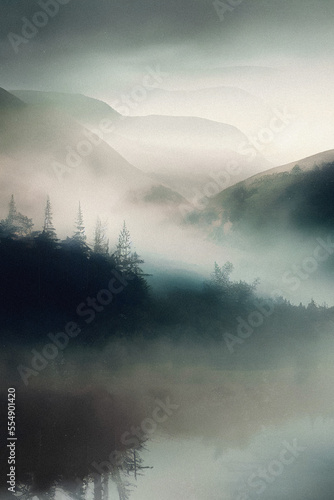 Watercolor landscape background. Trees and mountains landscape. Dark landscape texture. © StylishDesignStudio