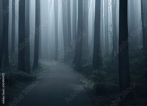 Smokey lane in the forest  blue and grey colors. Dark scary path. Misty fog with sunbeams breaking through. AI generated art.