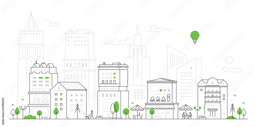 Cityscape with modern architecture - thin line design style vector illustration
