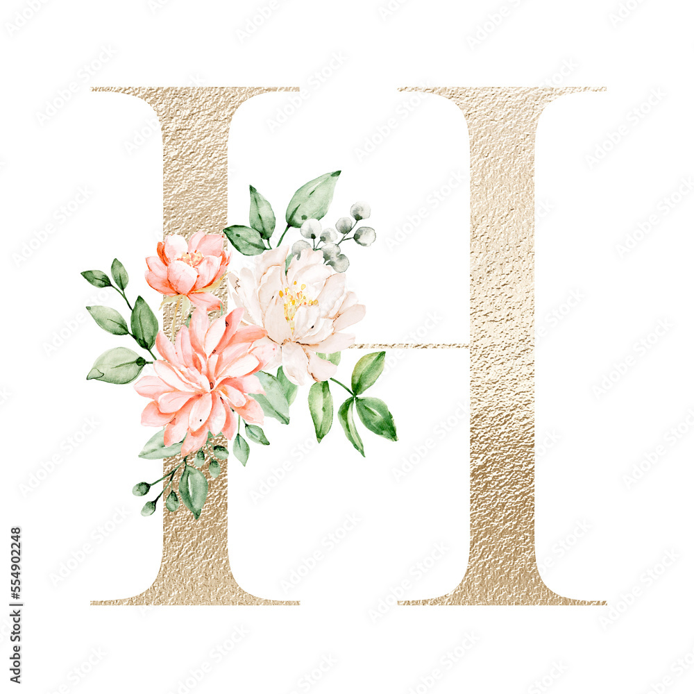 Floral alphabet, gold letter H with watercolor flowers and leaf ...