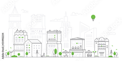 Cityscape with modern architecture - thin line design style vector illustration