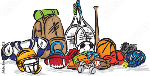 sports equipement ball helmet bat glove racket protection bag shoes vector illustration