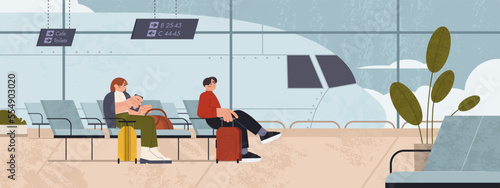 Flat interior of airport waiting hall with seats and passengers with baggage. People sitting in chairs in lounge area of international terminal with departure schedule, window with view to airplane