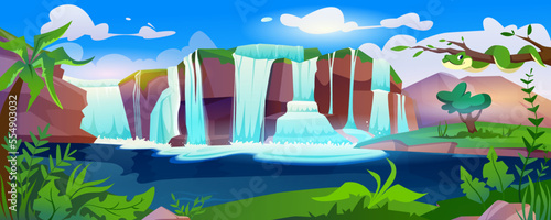 Jungle forest cartoon landscape with waterfall cascade. Tropical natural scenery of wild park with lake, palm tree, green fern leaves and boa on branches. River stream flowing from stones to creek.