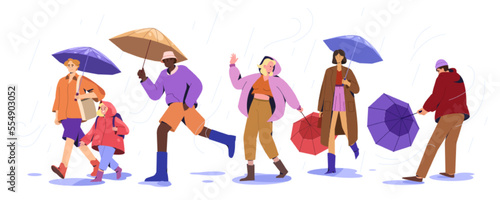 Flat people with umbrellas and raincoats walking in puddles at rainy weather. Stylish characters and happy child under stormy rain in autumn windy day  Monsoon season with rainfall in city street.