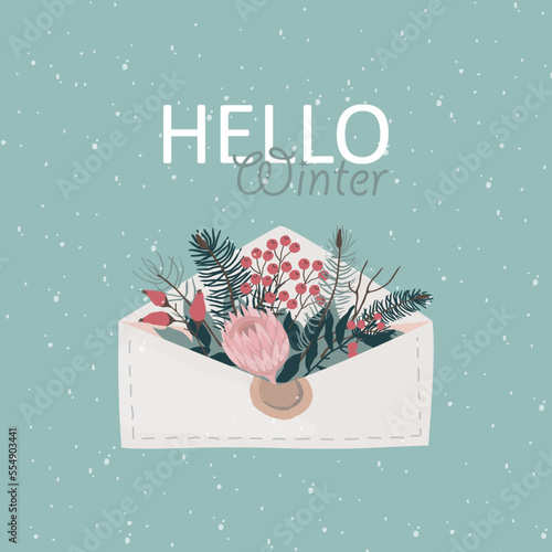 Postcard with postal envelope. Hello winter griting card. Vector botanical illustration