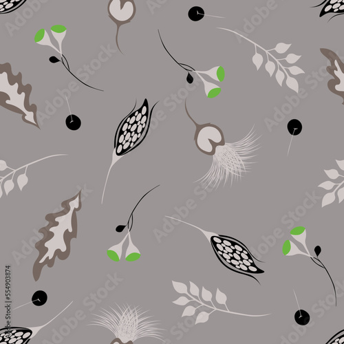 Stylish vector abstract floral seamless pattern in scandinavian style. Modern doodle painting. Texture with berries, autumn fruits,flowers, organic shapes on a gray background with bright green