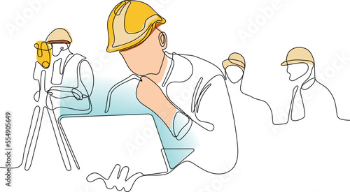 Close up of young Caucasian worker with helmet on head using tablet for work while standing in warehouse. Surveyor with a tripod icon. Geodesic tripod. Vector illustration