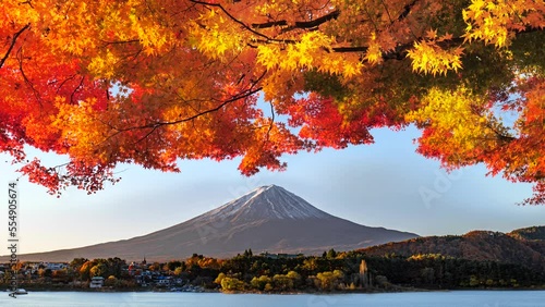 山梨県の秋の河口湖は見事な紅葉と富士山のコントラスト