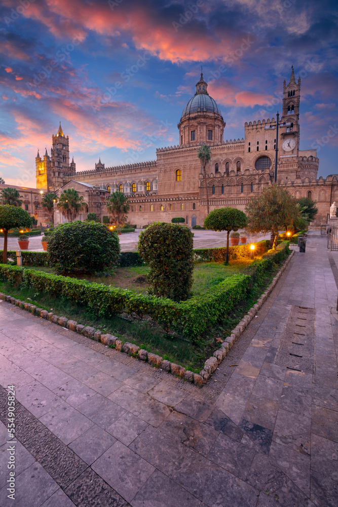 Palermo Cathedral, Sicily, Italy. Cityscape image of famous Palermo Cathedral in Palermo, Italy at beautiful sunset.