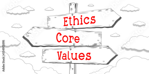 Ethics, core values - outline signpost with three arrows