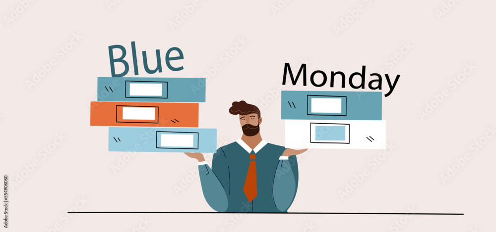 Businessman tired and sleepy. Blue monday. Routine office work concept. Vector doodle flat cartoon  illustration for banner social media