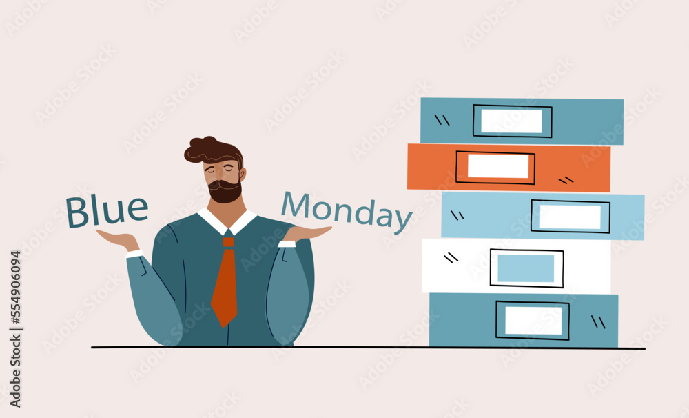 Businessman tired and sleepy. Blue monday. Routine office work concept. Vector doodle flat cartoon illustration for banner social media Businessman tired and sleepy. Blue monday. Routine office work concept. Vector doodle flat cartoon illustration for banner social media