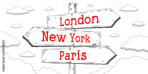 London, New York, Paris - outline signpost with three arrows