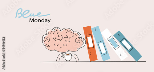  Cute funny brain character  tired and sleepy. Blue monday concept. Vector doodle flat cartoon  illustration for banner social media
