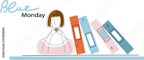 business woman tired and sleepy. Blue monday concept. Vector doodle flat cartoon  illustration for banner social media