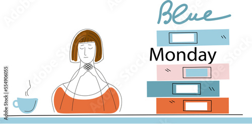 business woman tired and sleepy. Blue monday concept. Vector doodle flat cartoon  illustration for banner social media