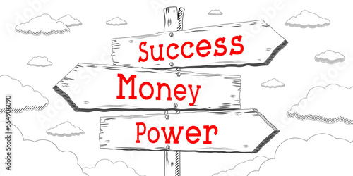Success, money, power - outline signpost with three arrows