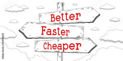 Better, faster, cheaper - outline signpost with three arrows