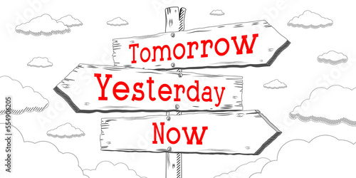 Tomorrow, yesterday, now - outline signpost with three arrows