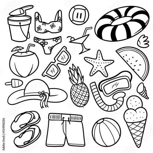 Doodle Set Summer Beach icons Line Art Vector Illustration