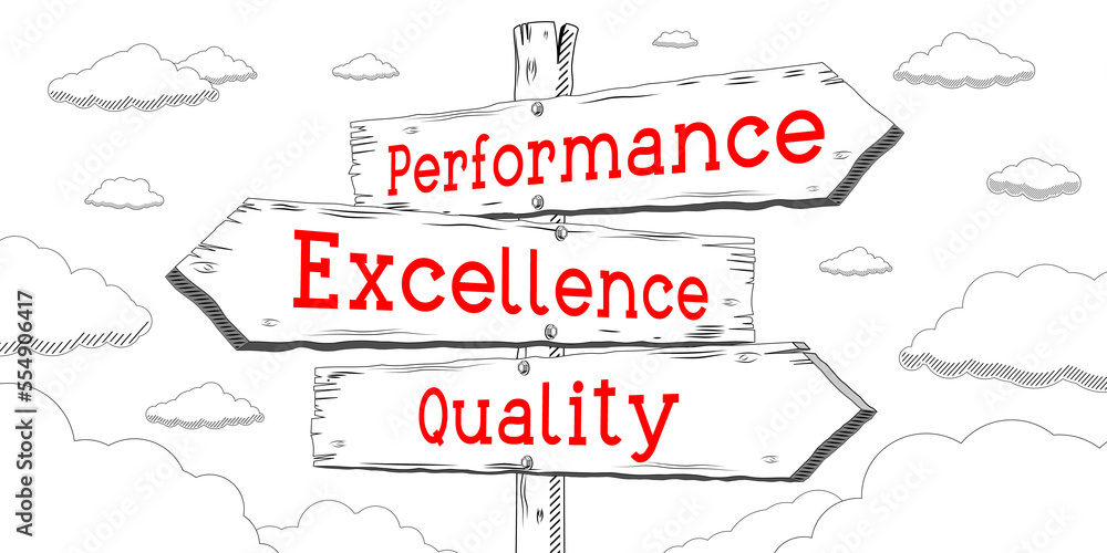 Performance, excellence, quality - outline signpost with three arrows