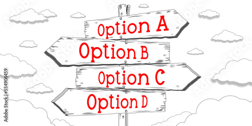 Options A, B, C, D - outline signpost with four arrows