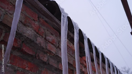 large icicles hang from the roof, a brick wall behind. thaw, water runs down the ice. warming, raising the temperature in winter. danger to pedestrians below due to icicles on the roof.