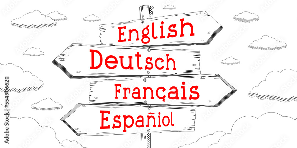 English, German, French, Spanish - outline signpost with four arrows
