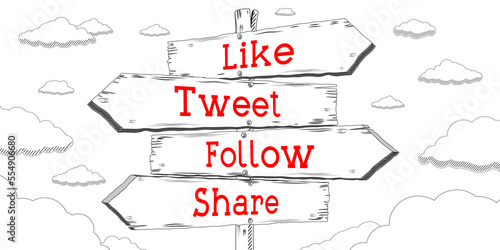 Like  tweet  follow  share - outline signpost with four arrows